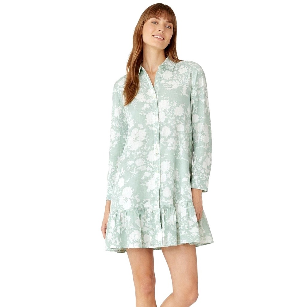 LIVRO Polly Shirt Dress Sz S Green Floral Mini Button Gauze Cotton Cottage Light